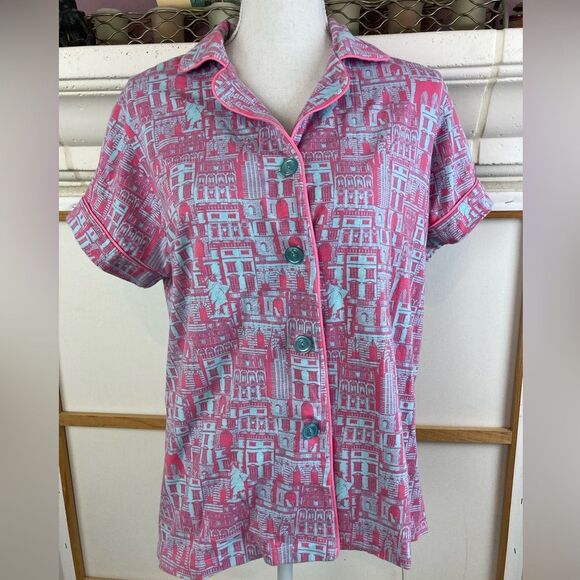 BedHead VTG NYC Print Pink and Blue PJ  Top skyline, Statue of Liberty, & cat - Picture 2 of 13